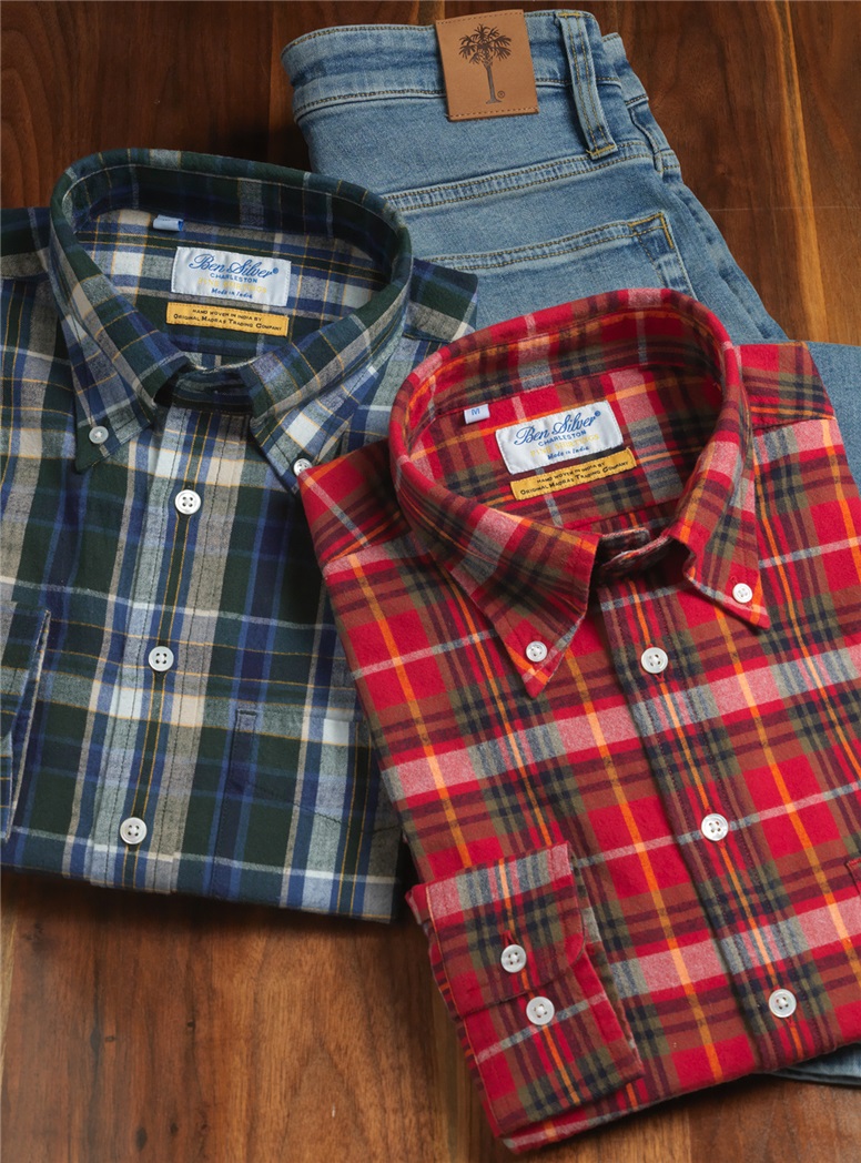 Navy, Green, and White Brushed Cotton Madras Button Down