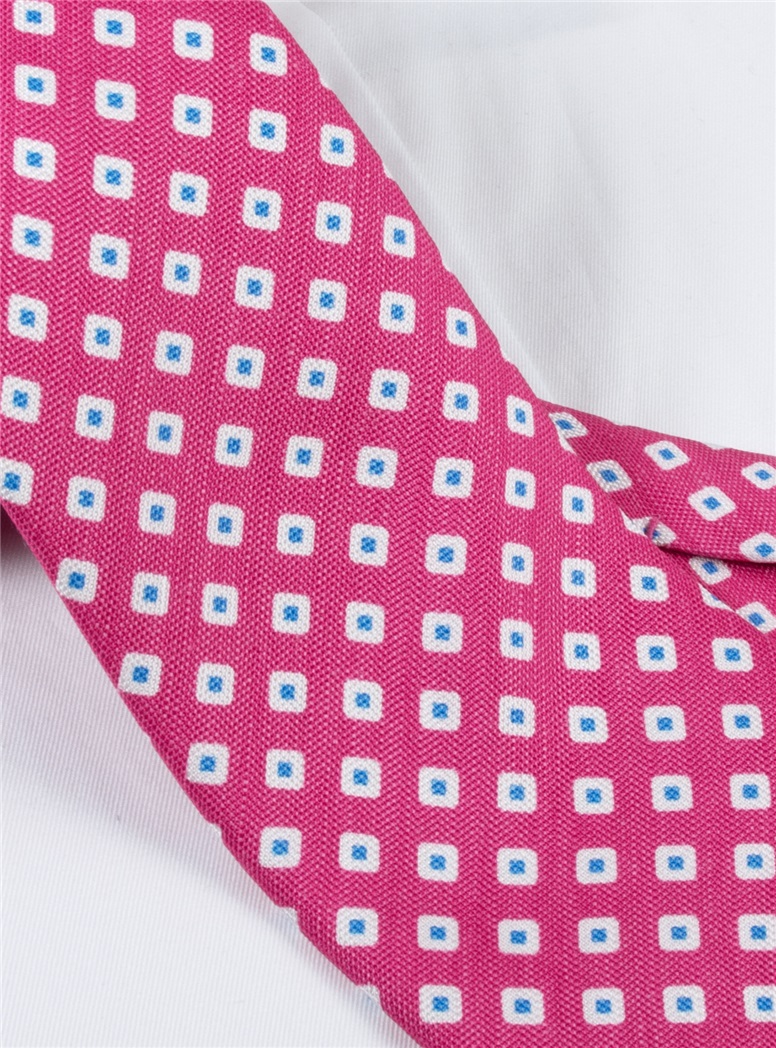 Silk and Linen Square Motif Printed Tie in Magenta