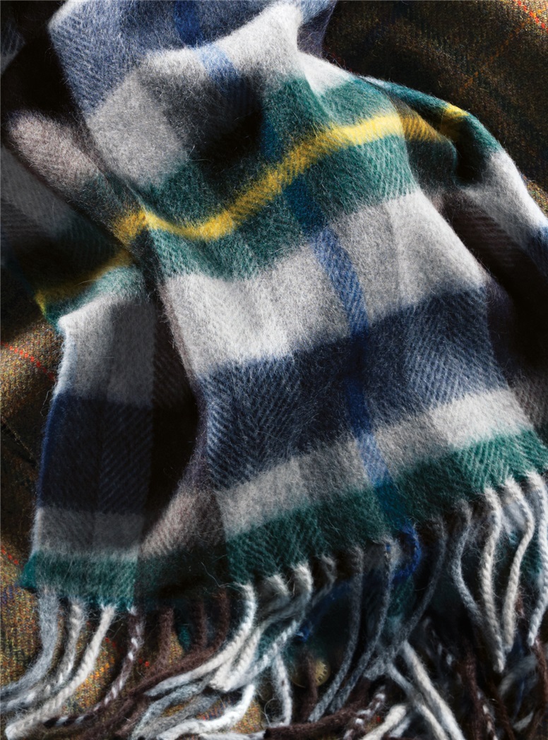 Wool and Alpaca Plaid Scarf in Green, Navy and Yellow