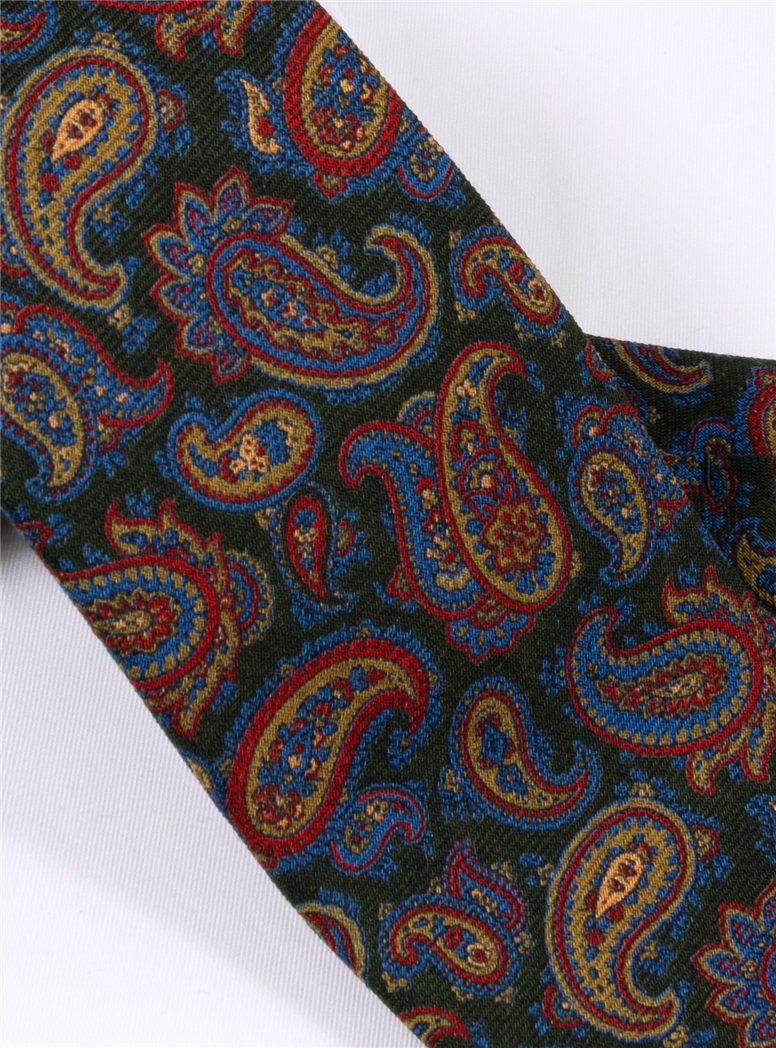 Wool Paisley Printed Tie in Forest