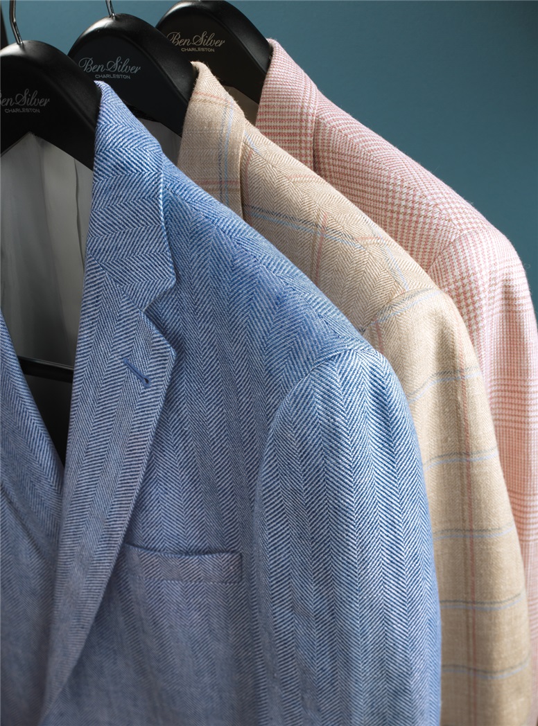 Cream Herringbone Sport Coat with Blue and Rose Windowpane