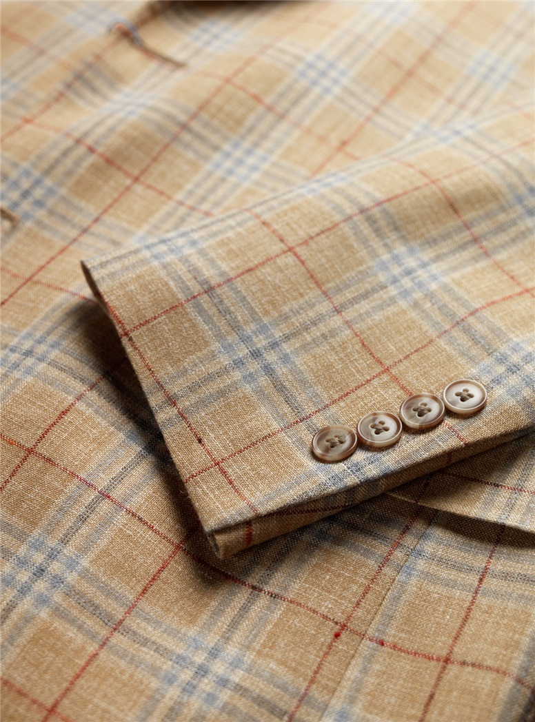 Tan Wool, Silk, and Linen Plaid with Red Windowpane Sport Coat