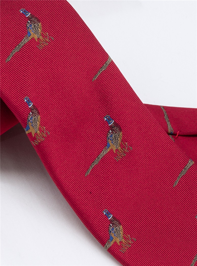 Silk Woven Pheasant Motif Tie in Ruby