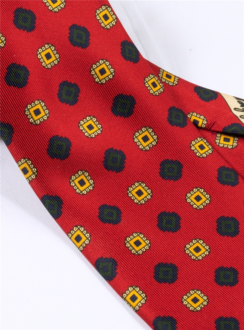 Silk Printed Square Motif Tie in Ruby