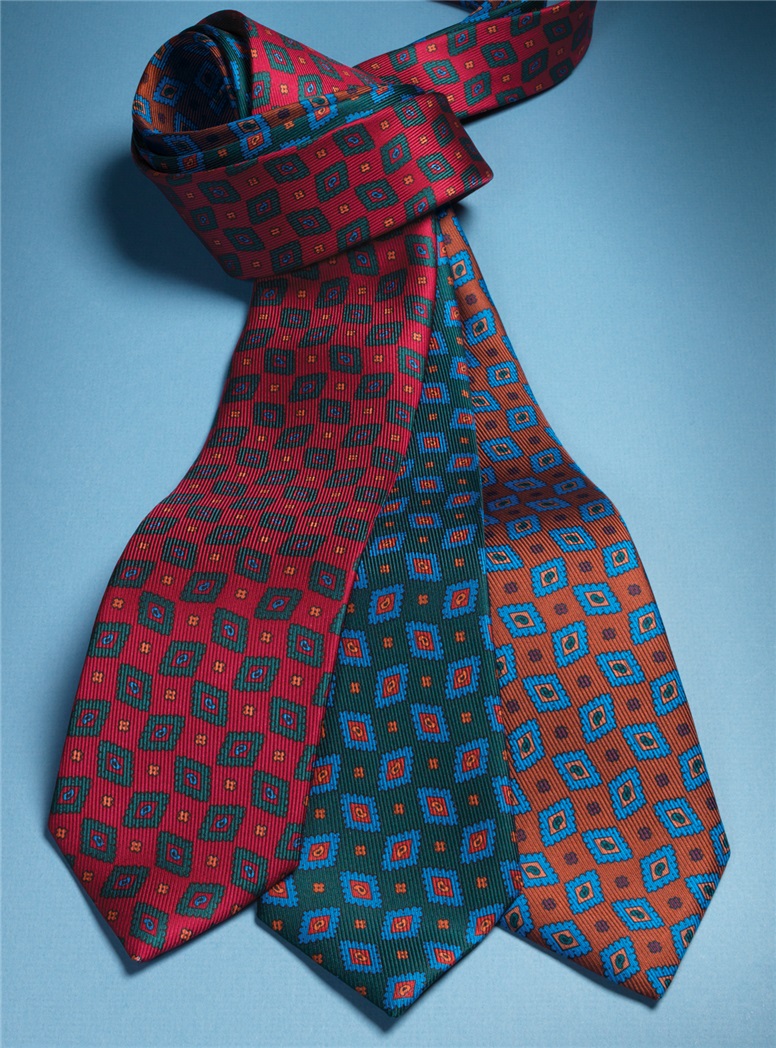 Silk Madder Print Tie with Diamond Motif in Bottle