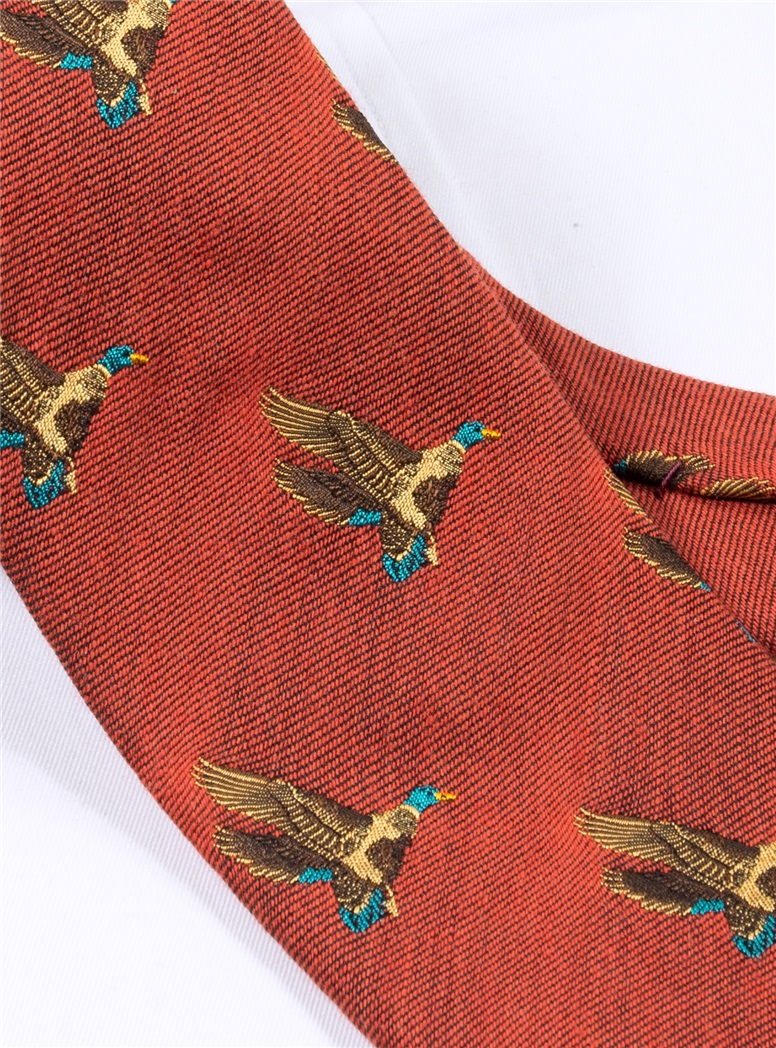 Silk Woven Flying Ducks Motif Tie in Rust