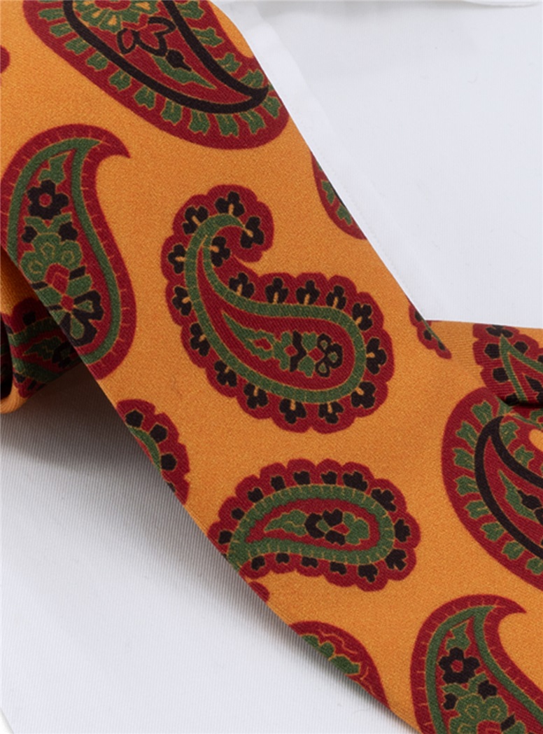 Wool Large Printed Paisley Tie in Marigold