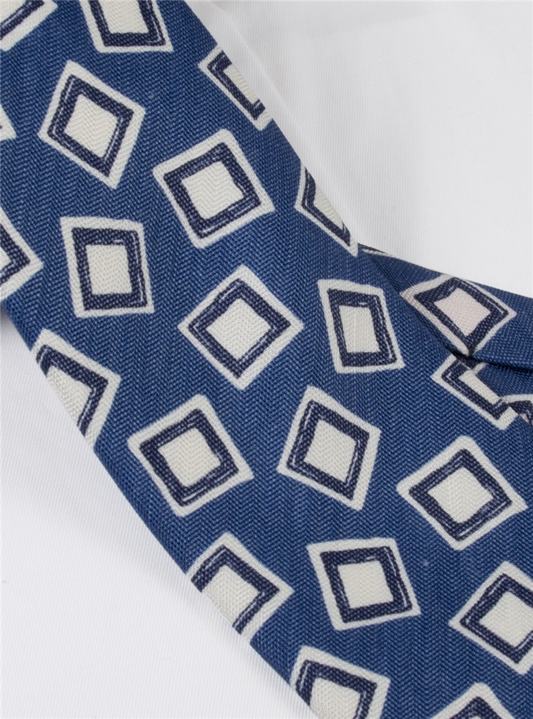 Silk and Linen Square Motif Tie in Denim