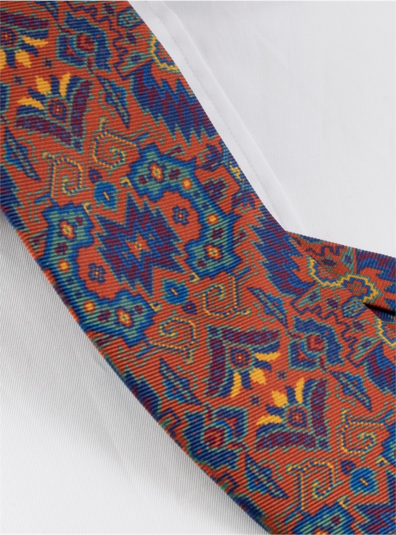 Silk Kelim Printed Tie in Burnt Orange