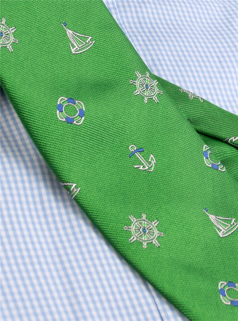 Silk Woven Tie with Sailing Motif in Grass