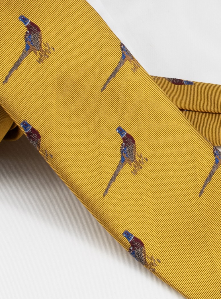 Silk Woven Pheasant Motif Tie in Canary
