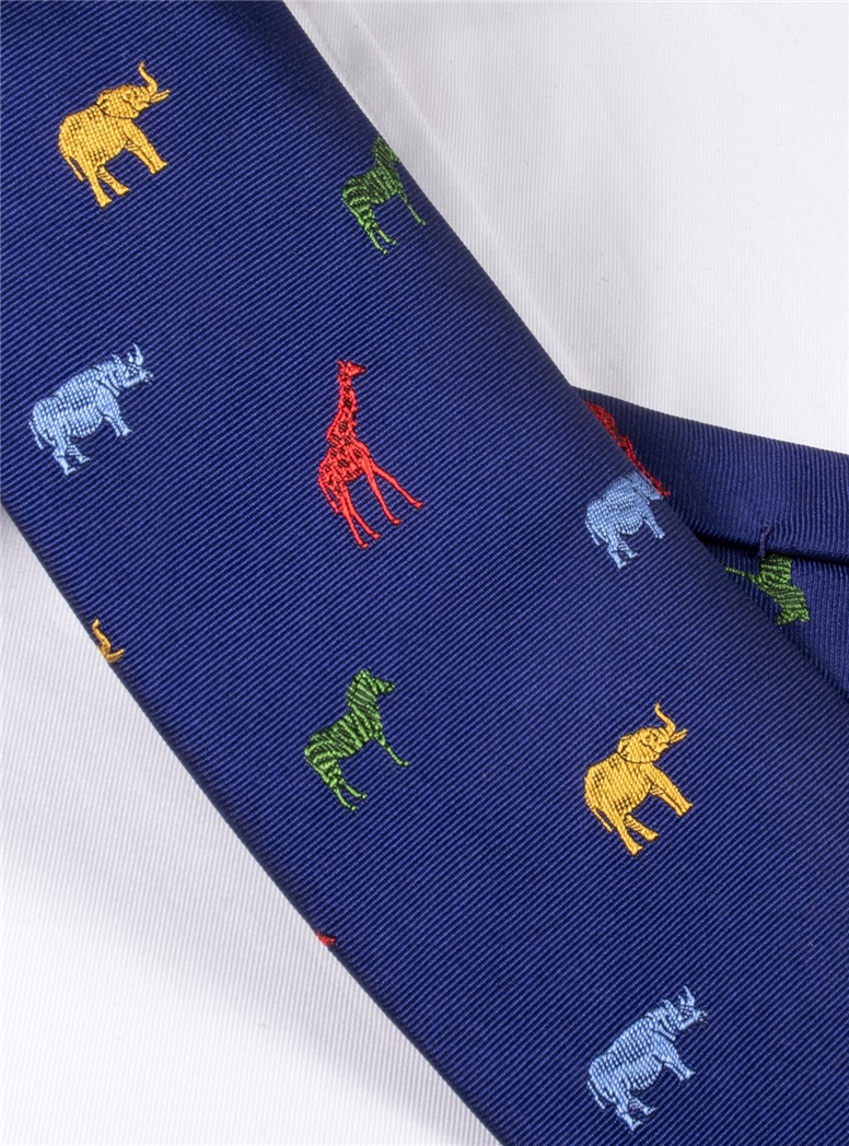 Silk Woven Animal Motif Tie in Navy