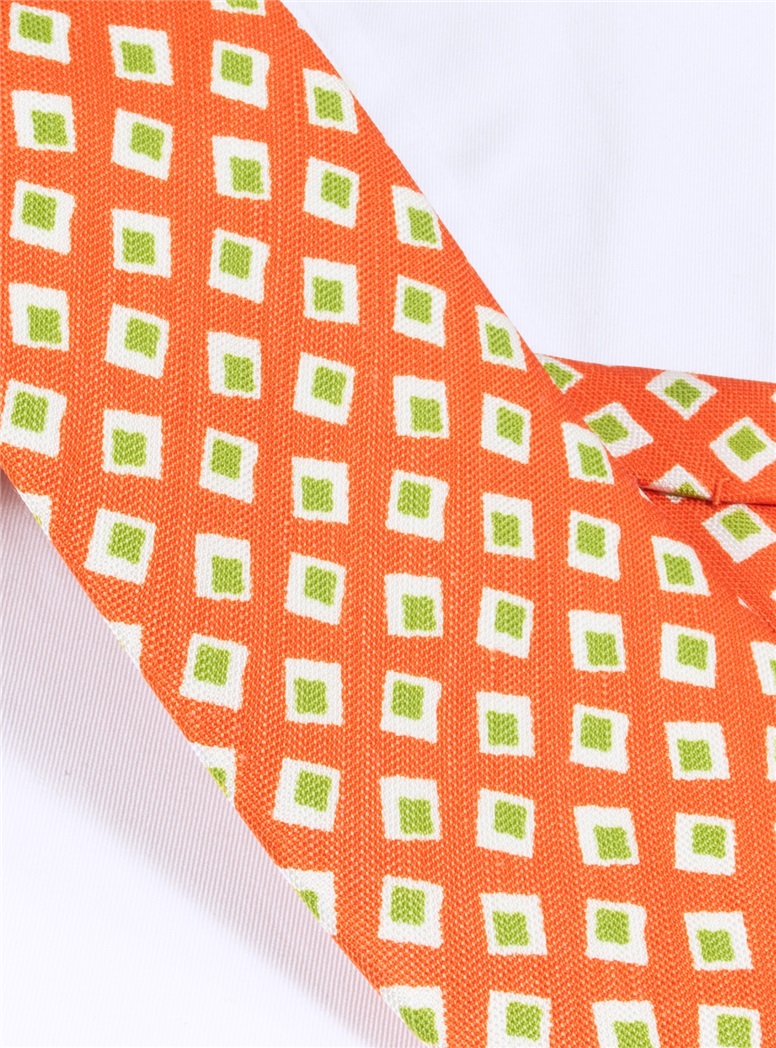 Silk and Linen Diamond Printed Tie in Tangerine