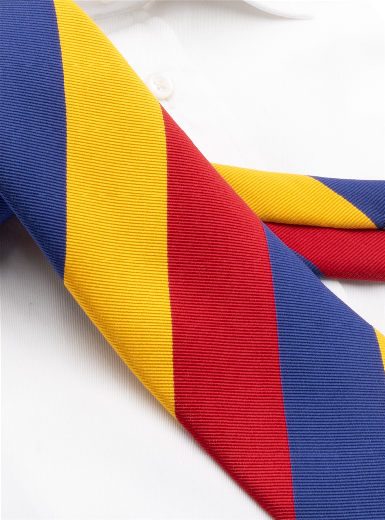 Silk Block Striped Tie in Fire, Gold, and Blue