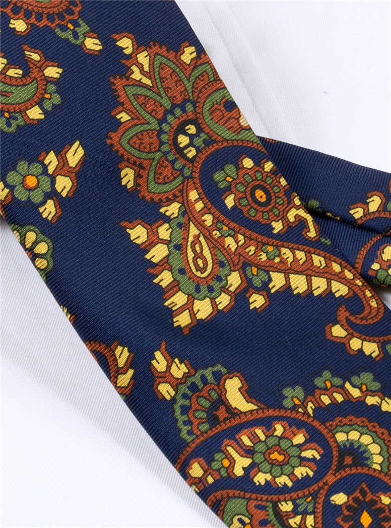 Silk Printed Paisley Tie in Navy