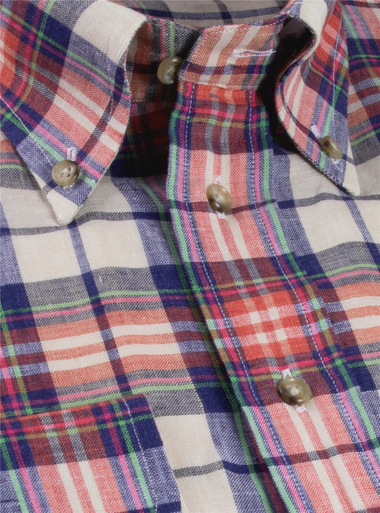 Beige, Navy, Lime, and Strawberry Plaid Button Down in Linen