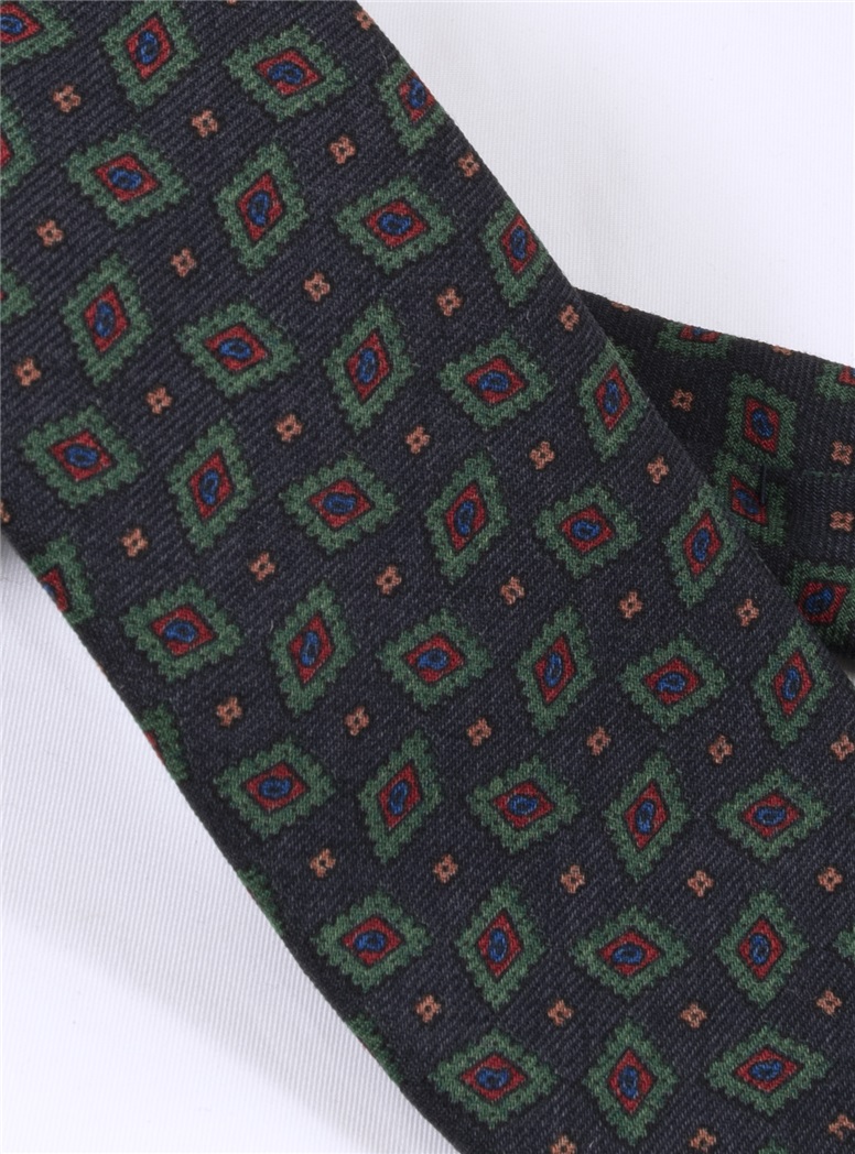 Wool Diamond Printed Tie in Navy