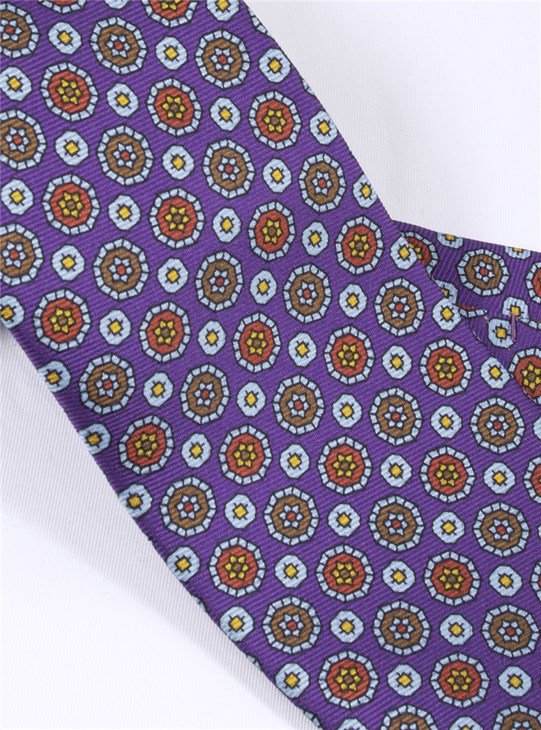 Silk Medallion Motif Printed Tie in Purple