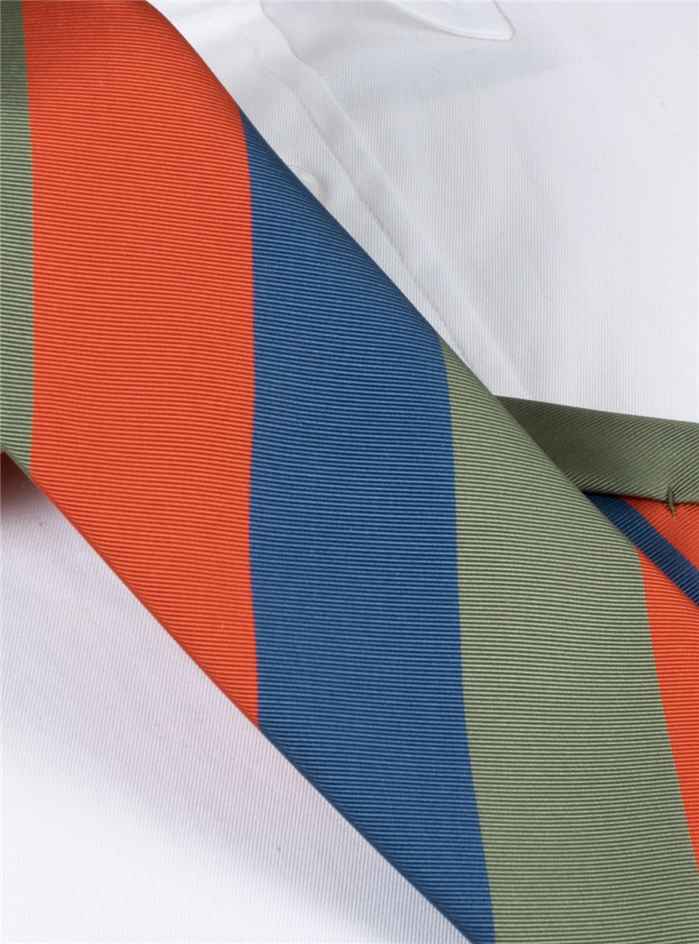 Mogador Block Stripe Tie in Tangerine, Olive and Denim