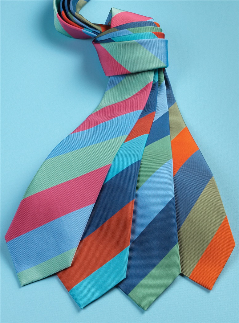 Mogador Block Stripe Tie in Tangerine, Olive and Denim