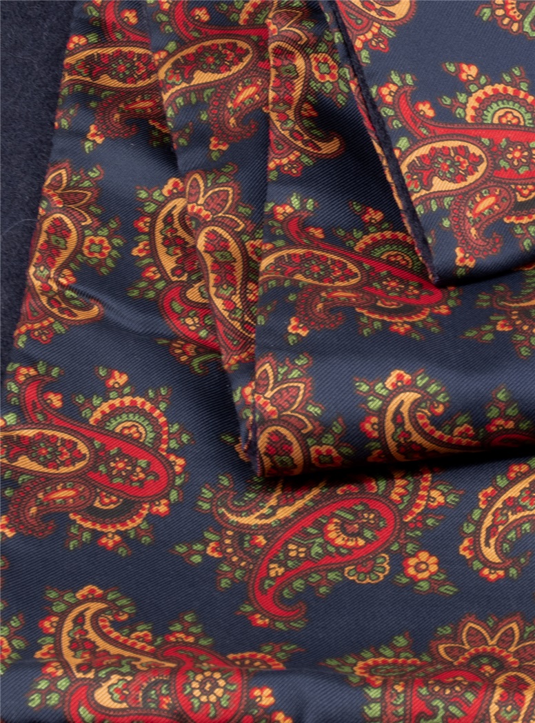 Silk Paisley Printed Scarf in Navy