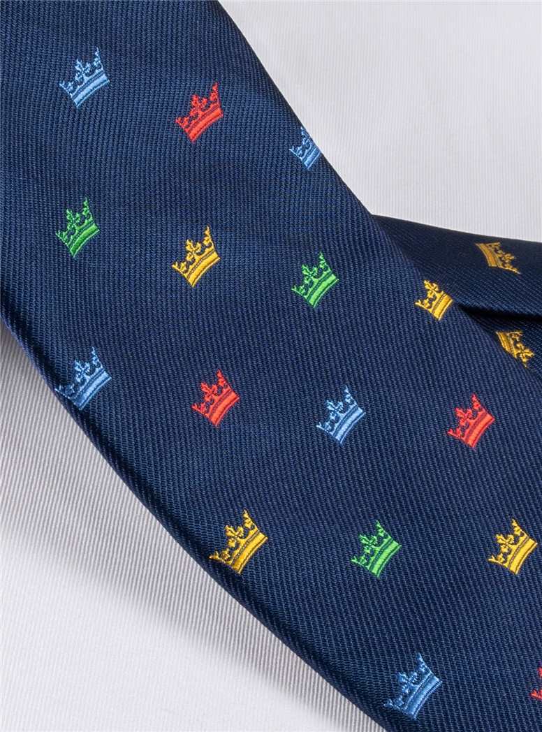 Silk Woven Crown Motif Tie in Navy