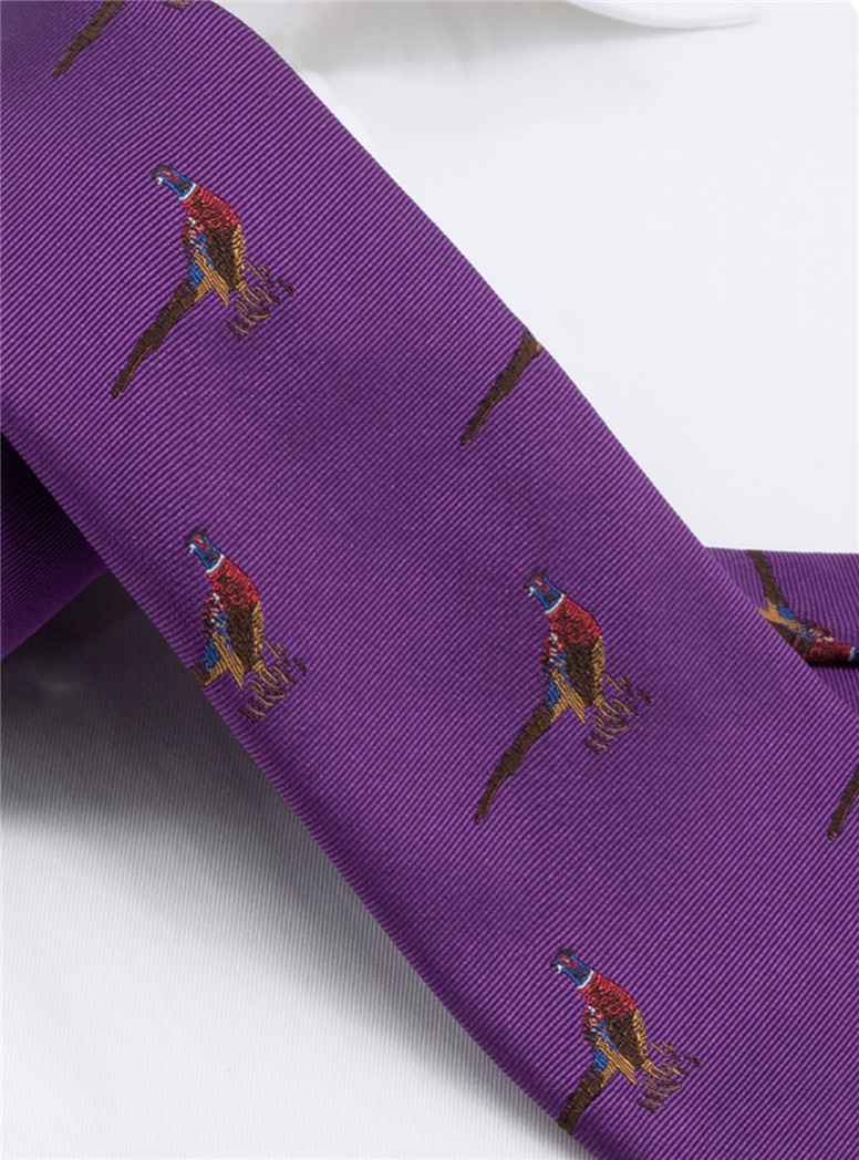 Silk Woven Pheasant Motif Tie in Purple
