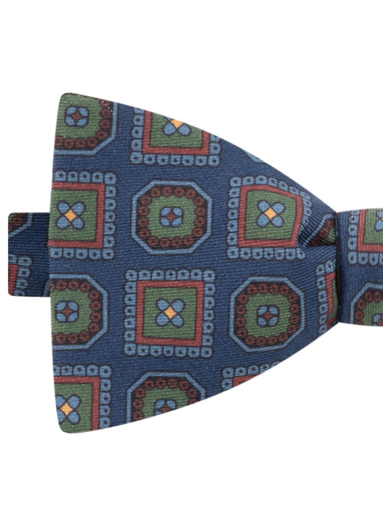 Silk Printed Medallion Motif Bow Tie in Navy