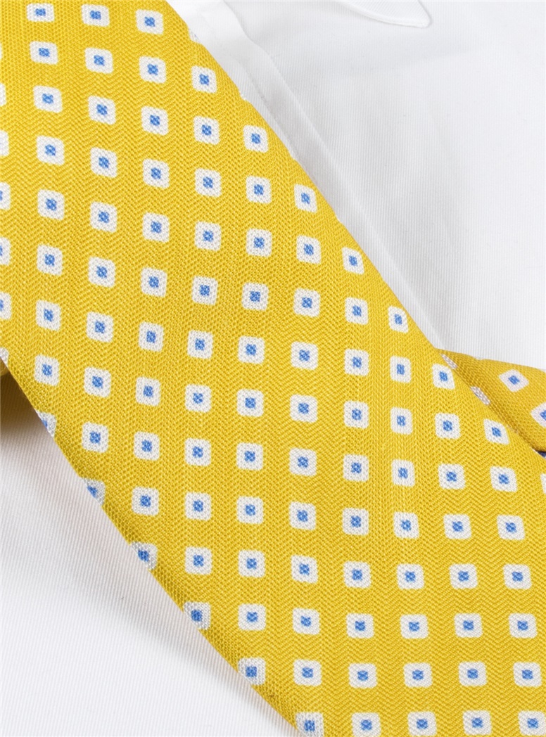 Silk and Linen Square Motif Printed Tie in Lemon