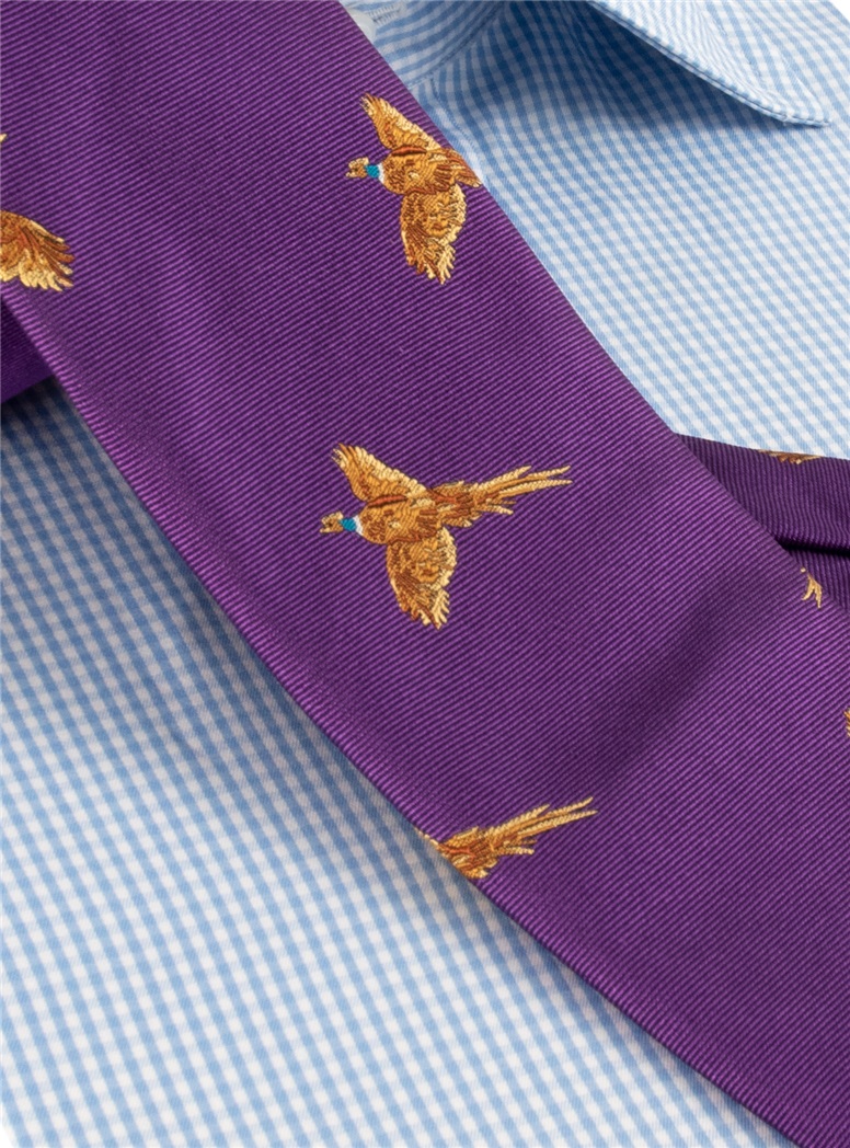Silk Woven Pheasant in Flight Tie in Purple