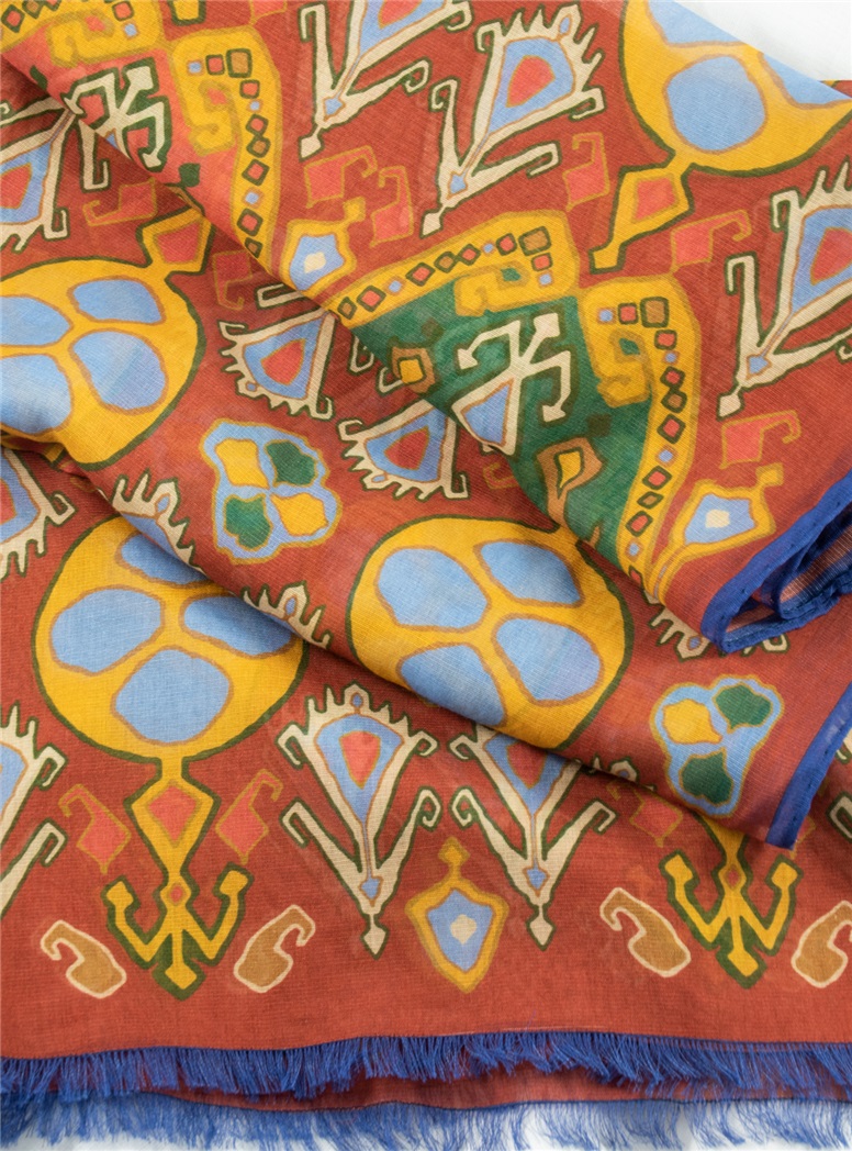 Cotton and Cashmere Blend Ikat Scarf in Brick