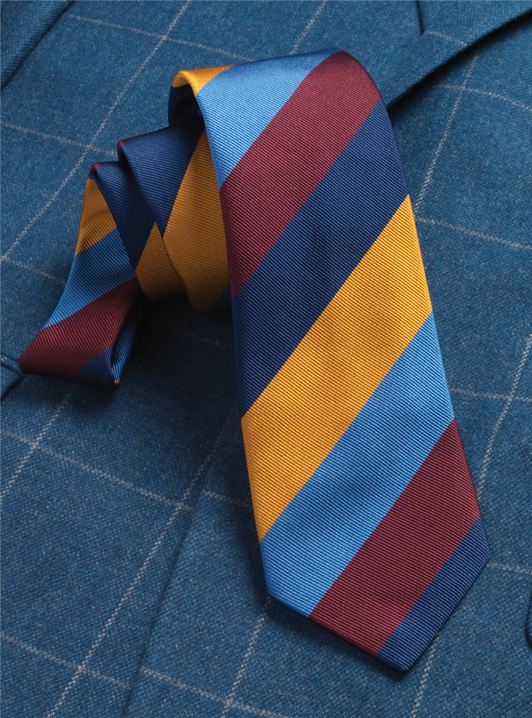 Silk Block Stripe Tie in Wine, Navy, and Gold