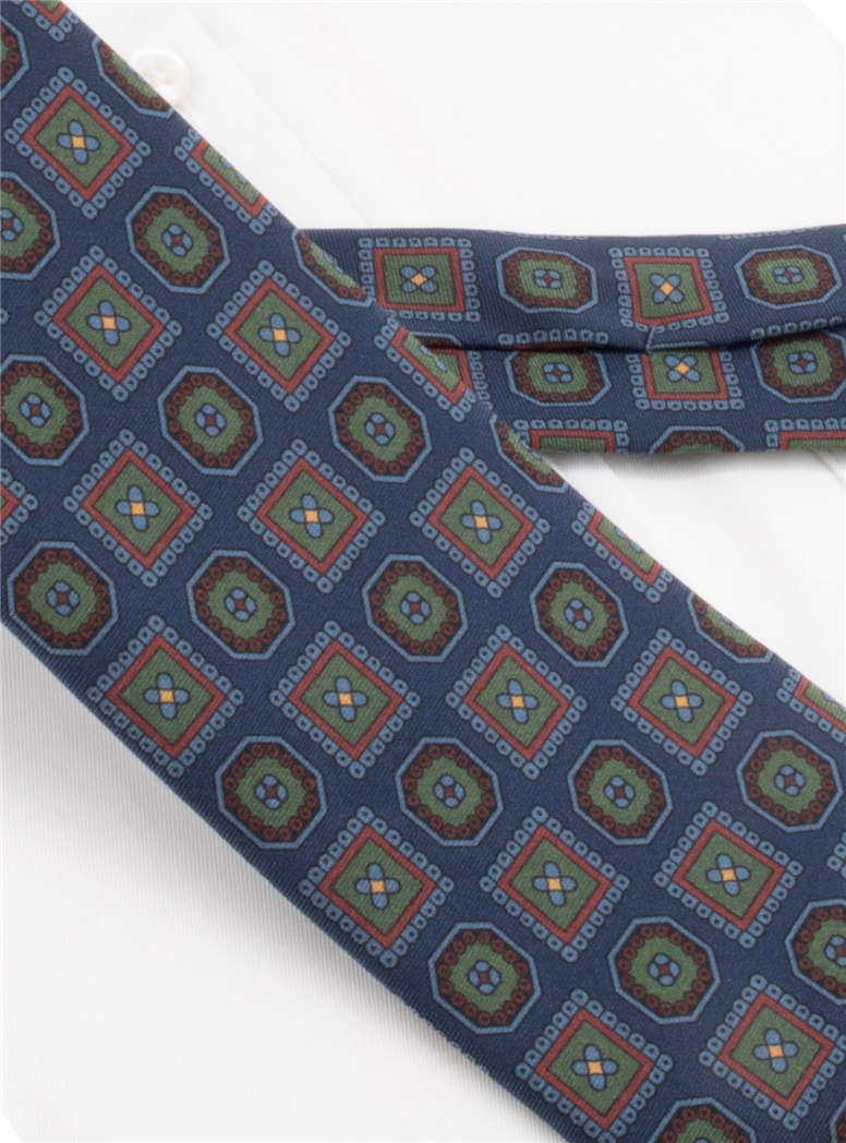 Silk Printed Medallion Motif Tie in Navy