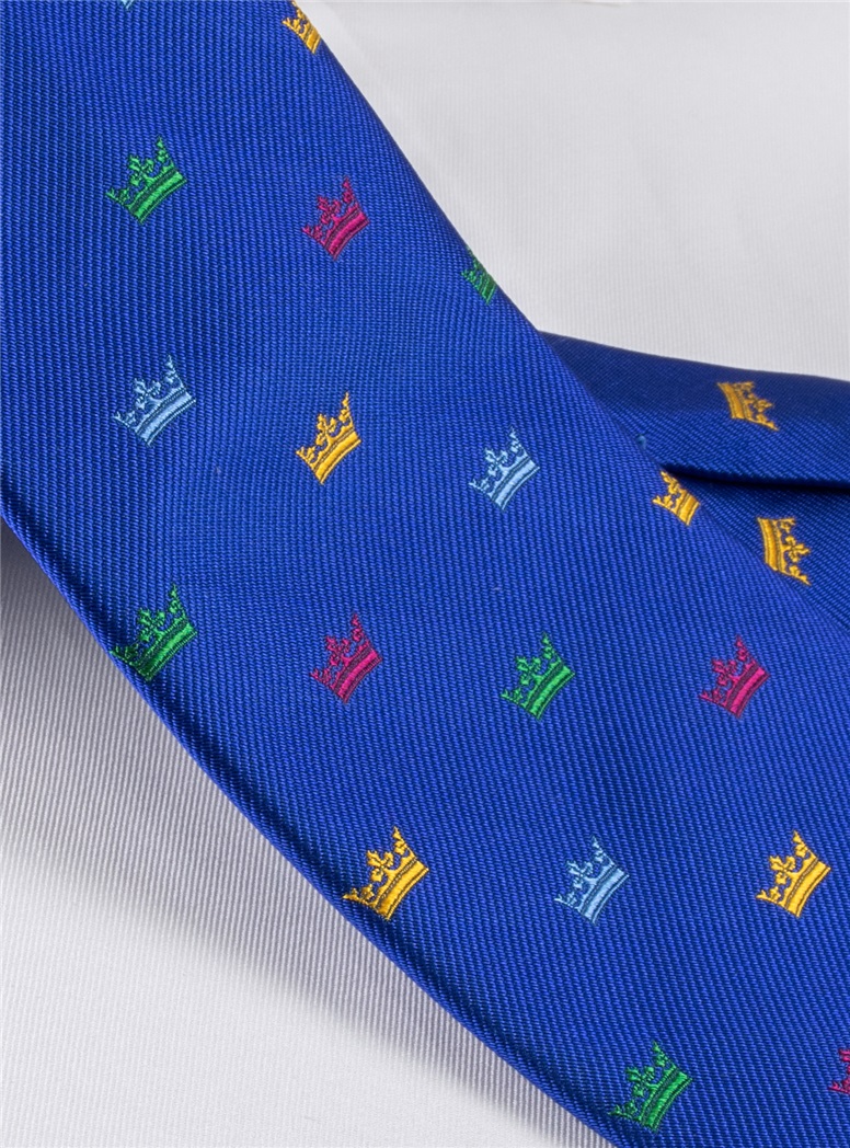 Silk Woven Crown Motif Tie in Cobalt