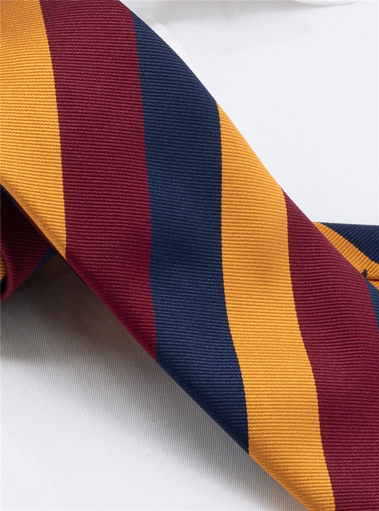 Silk Block Striped Tie in Navy, Amber, and Wine