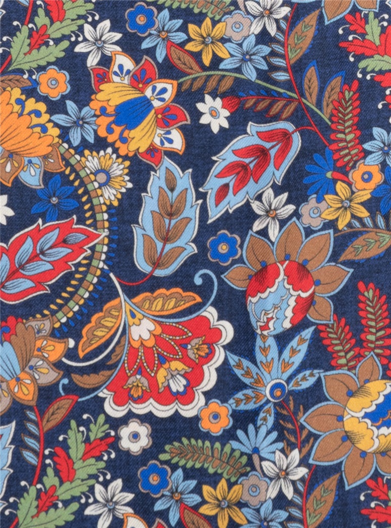 Silk Floral Printed Ascot in Navy