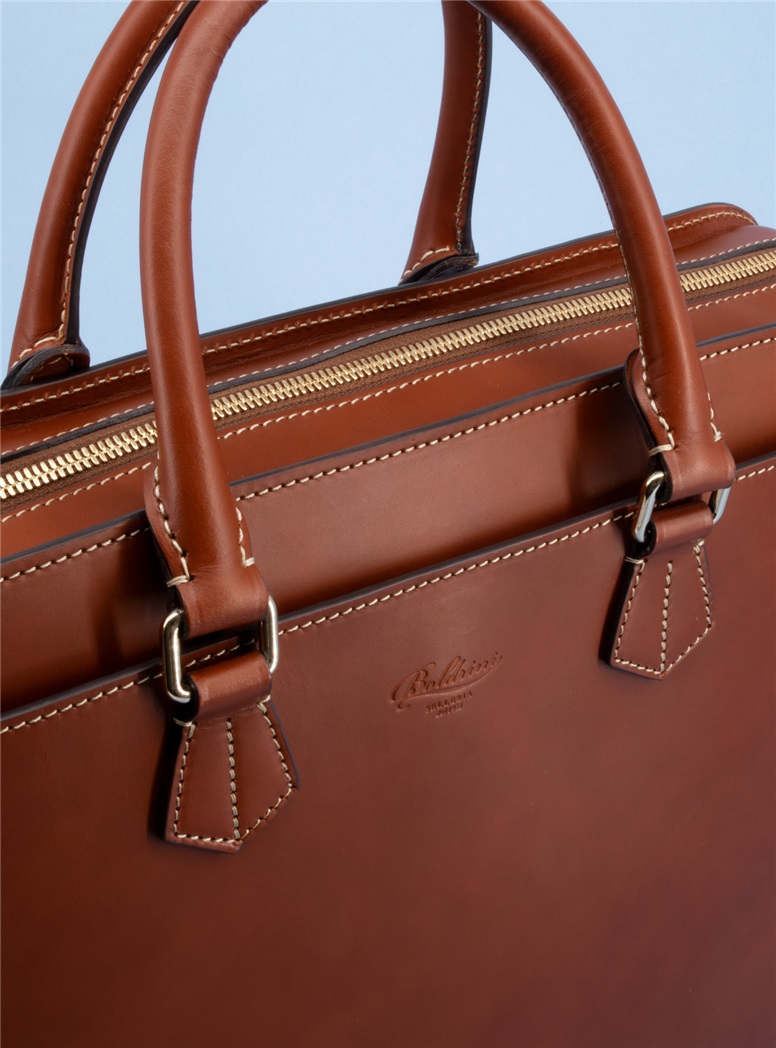 Leather Top Handle Briefcase in Dark Tan