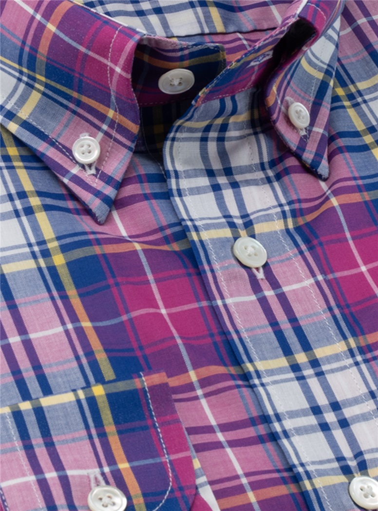 Navy, Magenta, and Yellow Plaid Button Down