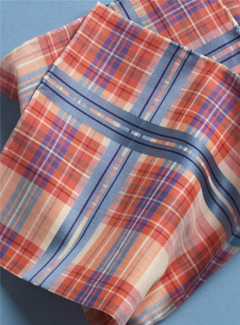 Coral and Sky Blue Plaid Cotton Pocket Square