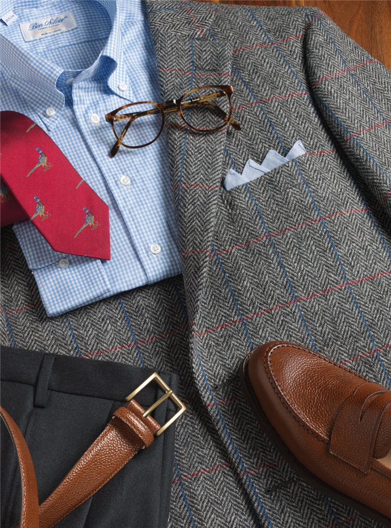 Grey Herringbone Tweed Sport Coat with Windowpanes