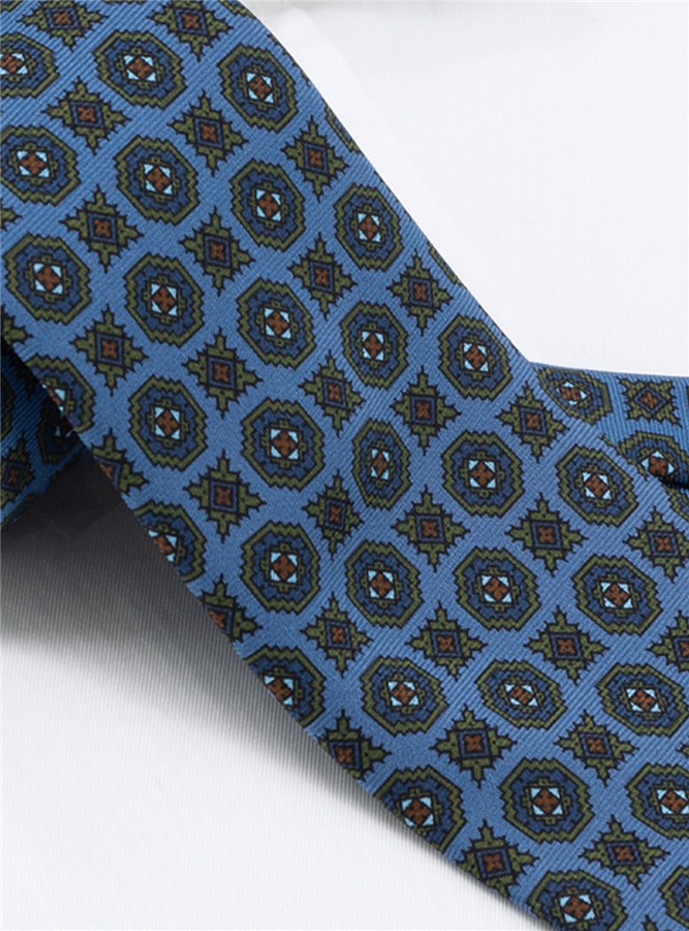 Silk Printed Medallion Motif Tie in Cobalt