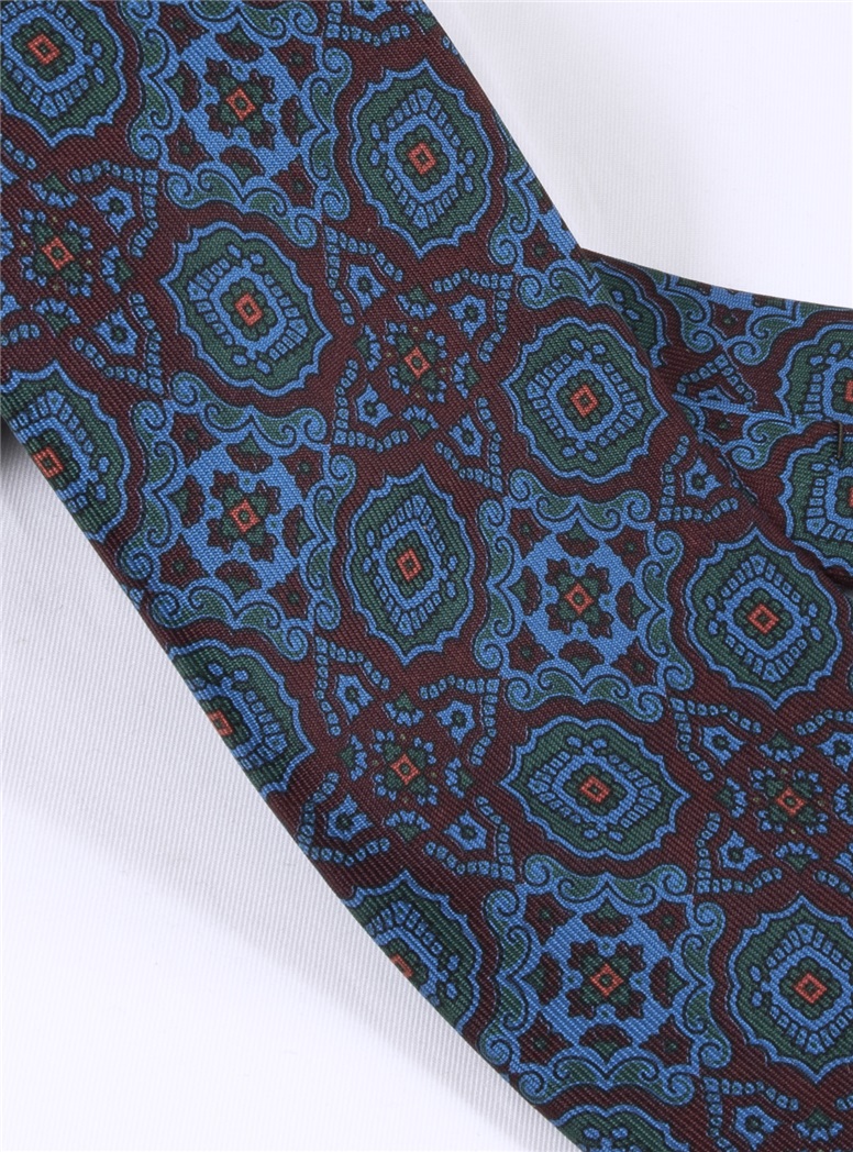 Silk Medallion Motif Printed Tie in Wine