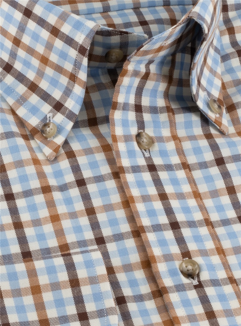 Sky and Brown Check Brushed Cotton Button Down