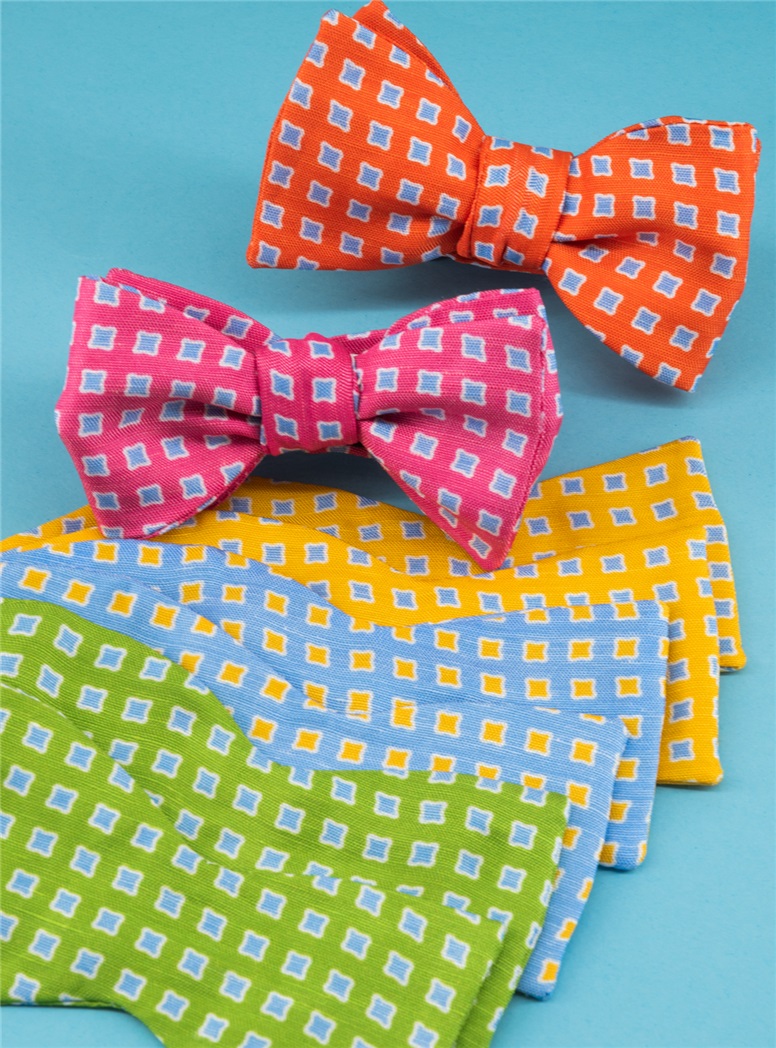 Silk and Linen Diamond Printed Bow Tie in Tangerine