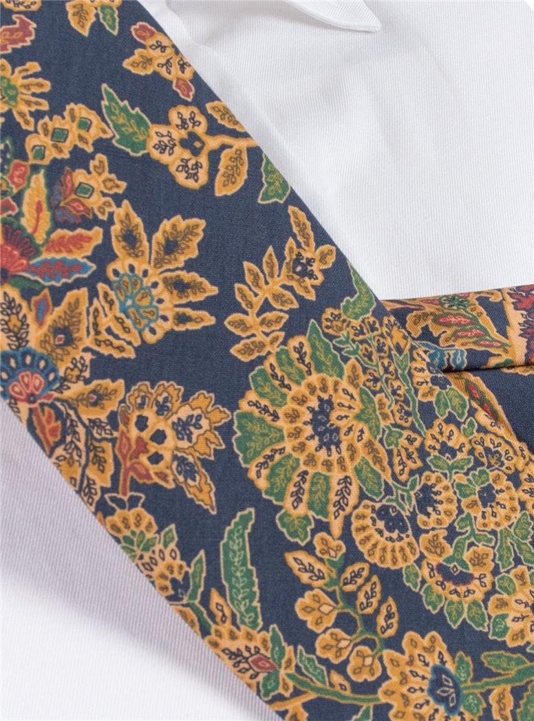Silk Floral Printed Tie in Navy