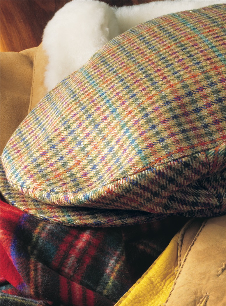 Wool Helmsley Check Cap in Tan with Green, Blue, and Red