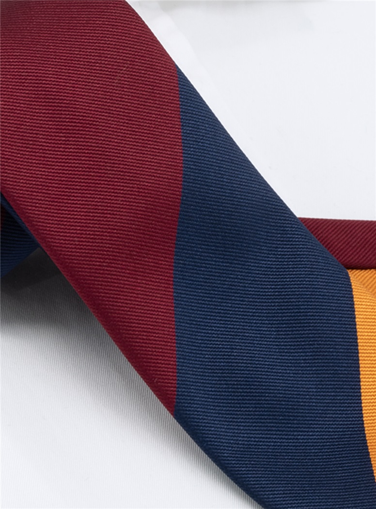 Silk Block Striped Tie in Wine, Navy, and Gold