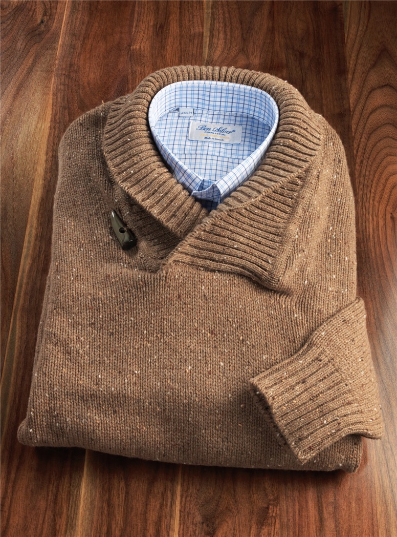 Donegal Lambswool Shawl Collar Sweater in Camel