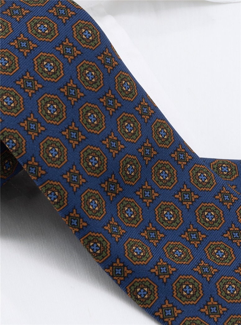 Silk Printed Medallion Motif Tie in Denim