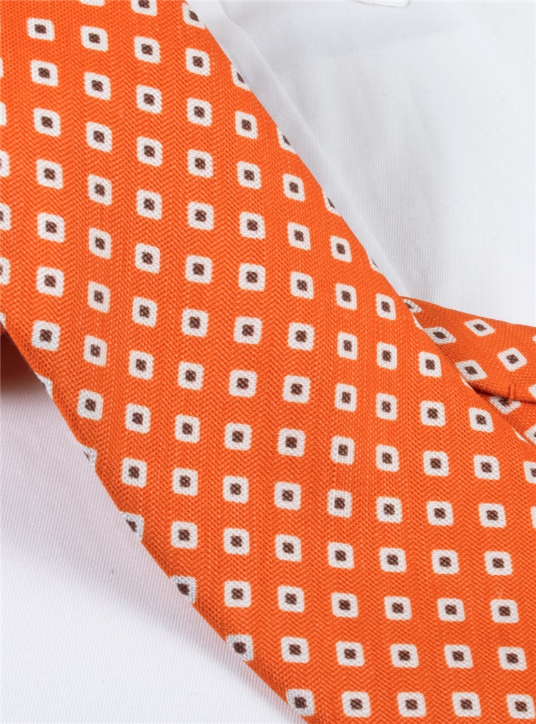 Silk and Linen Square Motif Printed Tie in Tangerine